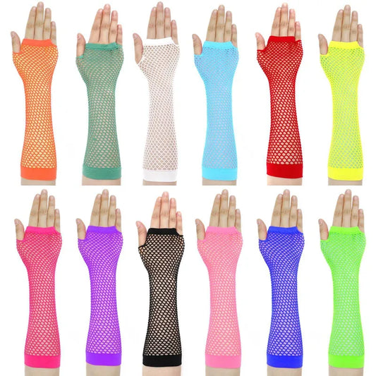 Fingerless Fishnet Neon Gloves Colorful Net Mesh Long Gloves - Rave Base