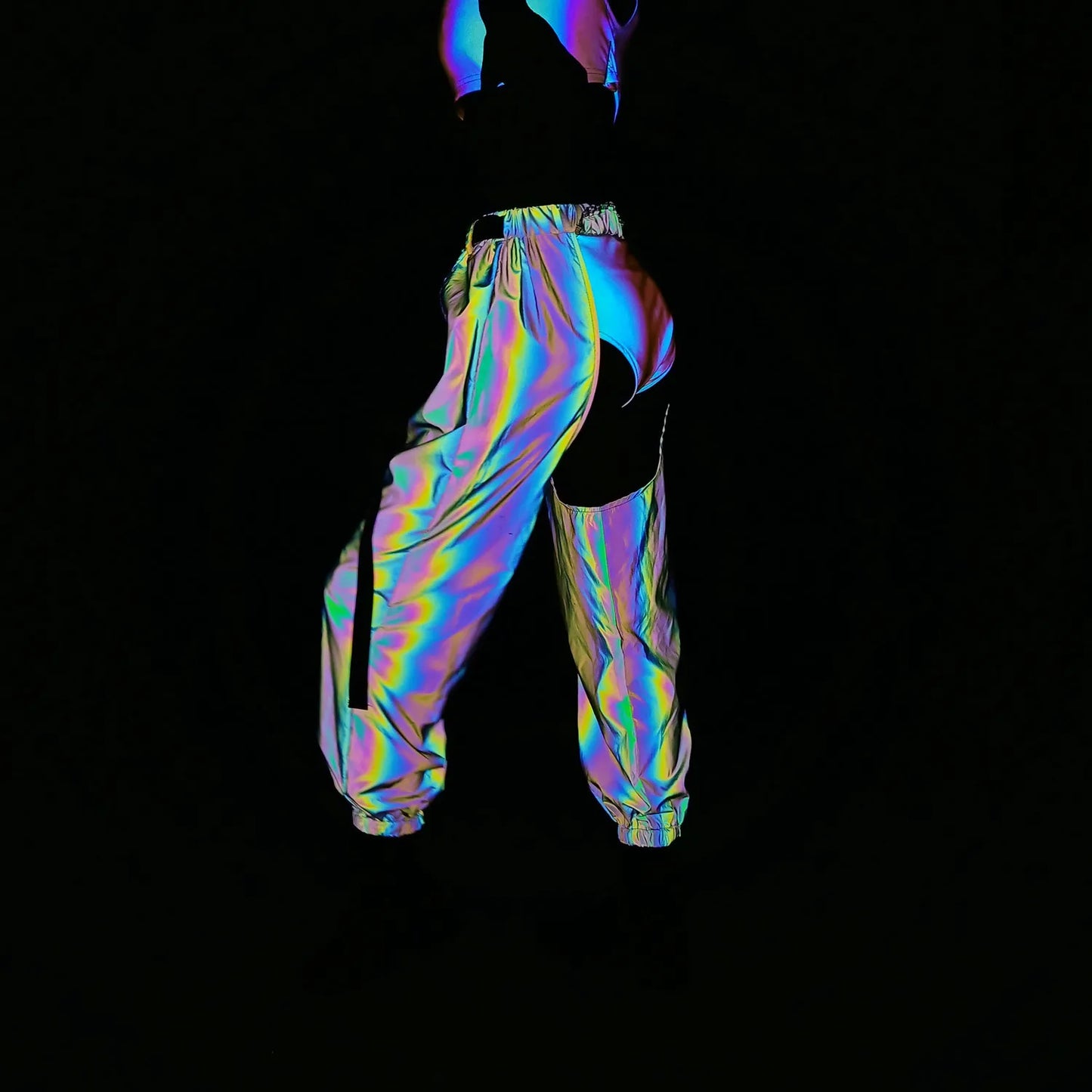 Crotch Hollow Out Colorful Reflective Pants
